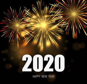 Happy new year greeting card with 2020 numbers and fireworks series. Celebratory template with realistic dazzling display of fireworks decoration on dark background vector illustration.