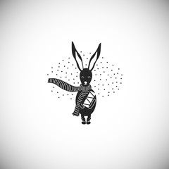 Black icon of cute rabbit bunny. Simple character. Funny animal and confetti.