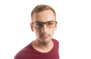 close-up portrait of a guy with glasses on a white background