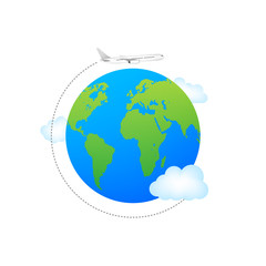 Fototapeta premium Plane and globe. Aircraft flying around Earth planet with continents and oceans. Flight plane, world travel air.