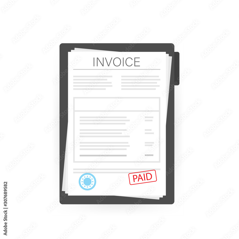 Poster Invoice with paid stamp in clipboard. Vector stock illustration.