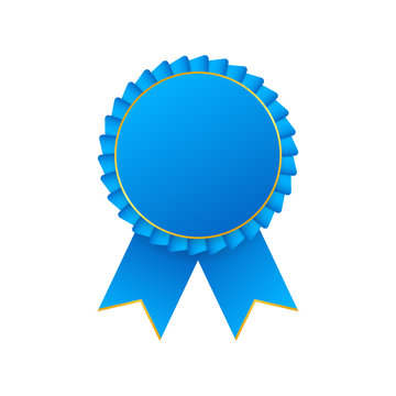 Blue award rosette with ribbon. Vector stock illustration.