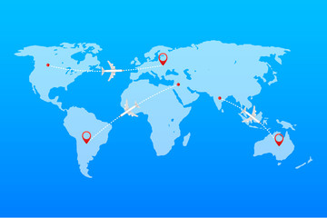World map whit dashed trace line and airplanes flying. Vector stock illustration.