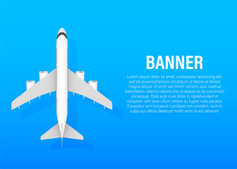 White airplane on a blue background in profile, banner, isolated. Vector stock illustration
