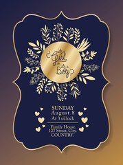 Baby shower invitation with leafs golden decoration
