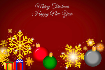 Merry christmas and happy new year concept,celebrate holiday, christmas ball, gold snowflake, gift box on red background.