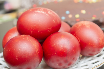 Dyed eggs in onion skins are at the plate
