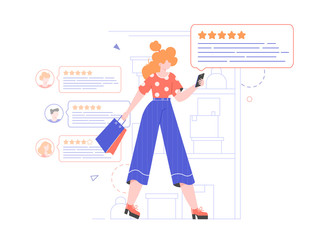 Feedback or rating concept illustration. A girl with a shopping bag in the store reads product reviews. Vector flat design. Suitable for landing pages, mobile apps, editorial design, banners.  