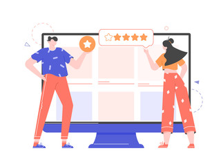 Feedback or rating concept illustration. Two young people write product reviews on the company's web page on a large monitor. Vector flat design. 