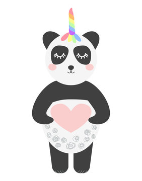 Cute panda with a unicorn horn in the color of the rainbow. Pandacorn. illustration in the Scandinavian style.