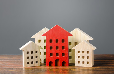 Red figure of a residential building stands out among the rest of the houses. Search best option...