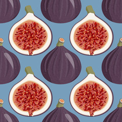 Seamless pattern with fresh figs whole and half. Food background.