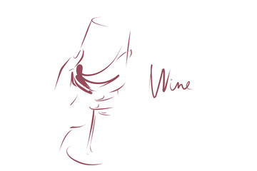 Glass of wine in woman's hand. Hand drawn and calligraphic design elements on the theme of wine tasting. Vector