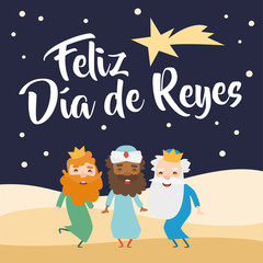 Fototapeta premium The three kings of orient, Melchior, Gaspard and Balthazar, on a blue background. Christmas vectors. Happy Epiphany written in Spanish