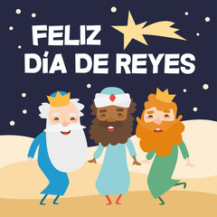 The three kings of orient, Melchior, Gaspard and Balthazar, on a blue background. Christmas vectors. Happy Epiphany written in Spanish