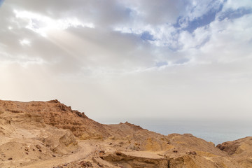 Hiking trail at the Wadi Mujib reserve. View of the Dead sea. Jordan