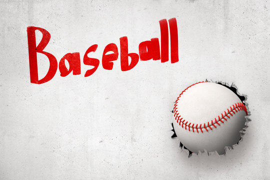 3d rendering of baseball ball breaking white wall with red 'Baseball' sign above