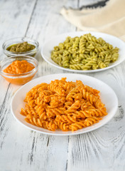 Fusilli with traditional and tomato pesto