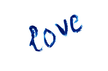 Inscription love blue paint on a white background