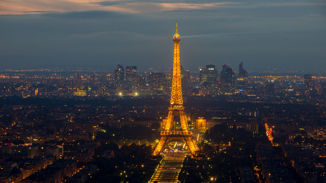 Evening view on Paris and the illuminated Eiffel Tower on June 17, 2015