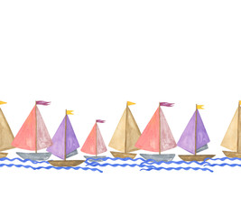 Yachts repeat pattern, watercolor hand drawn illustration of regatta on the white background, horizontal border
