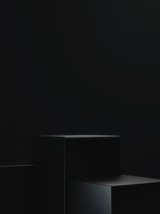 Modern dark black podium for product showcase. Boxes shapes.Black background. Empty stage. 3d render illustration