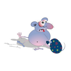 Little fat mouse steals a bag with gifts. Vector illustration on a white background. Cartoon caricature on the theme of the new year.