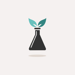 Conical flask with plant. Icon with shadow on a beige background. Chemistry vector illustration