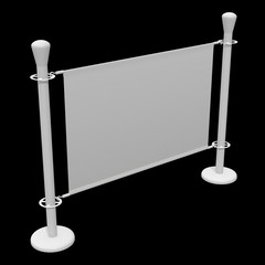 Blank Banner Stand. Trade show booth white and blank. 3d render on black background. High Resolution Template for your design.