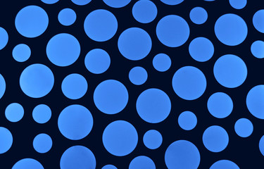 Creative ceiling in the room as abstract blue and black background of big and small circles. Color of 2020, the main trend of the year. Festive concept.