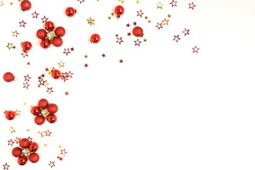 Christmas background . Xmas or new year red gold color decorations on white background with empty copy space for text.  holiday and celebration concept for postcard or invitation. top view 