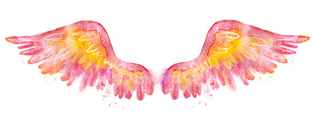 Fototapeta na wymiar Beautiful pink yellow watercolor magic wings