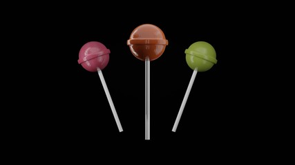 Three lolipops on a black background. 3d render illustration