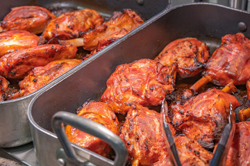 fresh fried meat with spices in a market