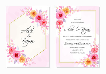 wedding invitation card with pink floral watercolor