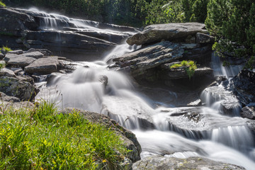 River in mountain in sunny weather, national park Rila. Waterfall at slow motion move of water. Blurred plants at foreground. Selective focus.