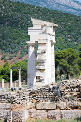 Restored ruins of Asclepius ancient greek Temple, Epidaurus, Peloponnese, Greece