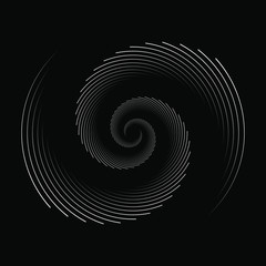 White stripes in spiral form. Geometric art. Black background. Abstract shape. Design element for logo, sign, symbol, prints, web design, template, presentation and textile pattern