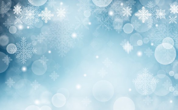 Blue abstract background with white snowflakes winter and bokeh stars blurred beautiful shiny light, use illustration Christmas new year wallpaper backdrop and texture your product.
