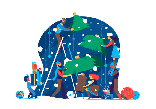 People prepare to celebrate Christmas / New Year by making Christmas tree together - Vector