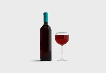 Glass of red Wine and a Bottle isolated on light gray background.3D rendering.