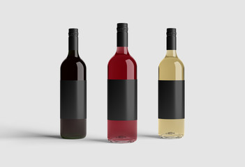 Set of White, Rose, and Red Wine Bottles with labels isolated on light gray background.3D rendering