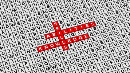Skill, Ability, Knowledge Crossword Puzzle on 3D Cubes Background With Random Letters for Presentation Title Page.