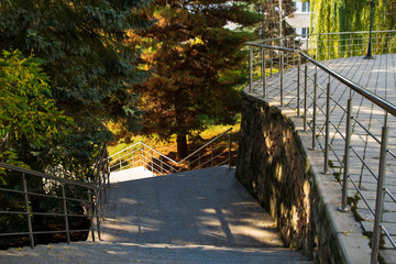 The stairs are stone steps down, the shadows from the trees in autumn, urban environment.