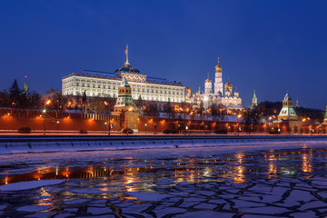Panorama of the Moscow Kremlin and Moscow river in the winter night, Russia