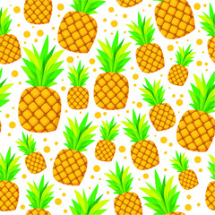 Flat cartoon pineapple pattern, vector illustration isolated on white background, juicy repeat pattern