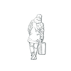 Travel man with vintage suitcase, walking man on the street, winter clothes, vector line art illustration isolated on white background