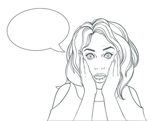 Vector illustration with pop art surprised woman face and open mouth, comics cloud, vector line art carttoon illustration, can be used for some print, cad or poster, black and white version