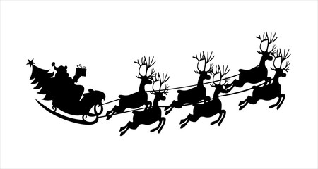 Silhouette of santa claus on sleigh full of gifts and his reindeers. Happy new year decoration. Merry christmas holiday. New year and xmas celebration. Vector illustration in flat style