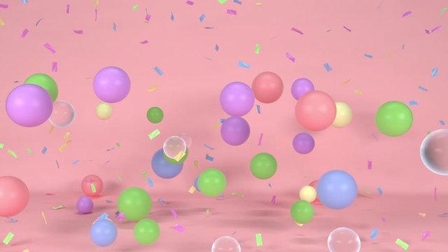 Colourful party balloons and confetti falling on pink background. Computer generated image.